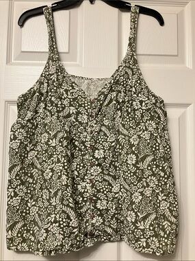 Women's Olive Green Floral Button-Front Tank Top